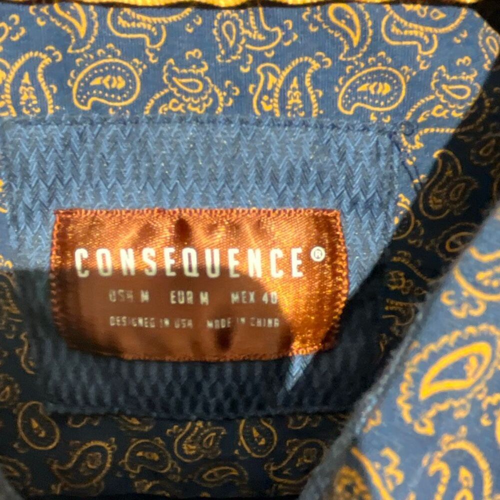 Consequence Mens Yellow Navy Paisley Collared Long Sleeve Button Up Shirt Medium - Picture 9 of 9